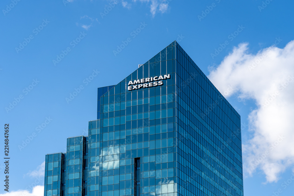 Naklejka premium Toronto, Ontario, Canada - October 4, 2026: American Express Canada corporate headquarters in Toronto, Ontario, Canada. American Express Company (Amex) is an American bank holding company that special