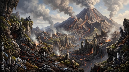 Epic Fantasy Landscape with Mountain and Forest Scene.