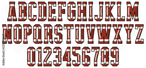 American football letters and numbers, varsity alphabet vector set.