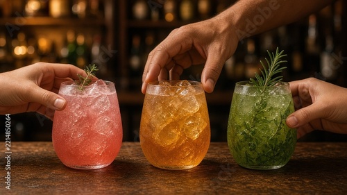Hands reaching for three colorful mocktails