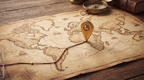 Detailed vintage map with compass and location marker on wooden table