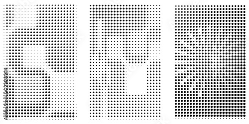 Set of square shapes with noise, pixel, halftone or grain texture isolated on white background. Quadrangular forms with polka dot pattern. Vector graphic illustration. eps 10
