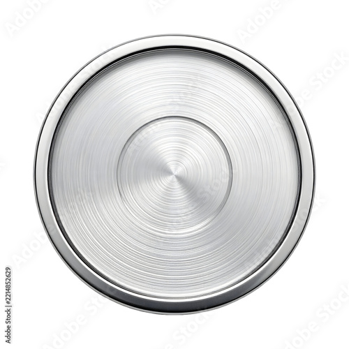 Brushed metal circle button with a polished silver metallic rim texture isolated on a plain white clean on transparent background