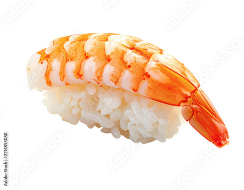 Fresh nigiri sushi piece with cooked prawn and white rice served for traditional japanese lunch menu on transparent background