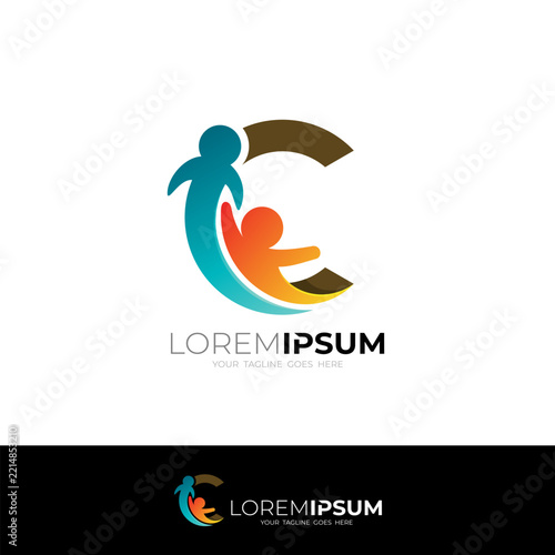 C logo and people care design charity, A logo depicting a person holding hands with a small child, forming the letter C.