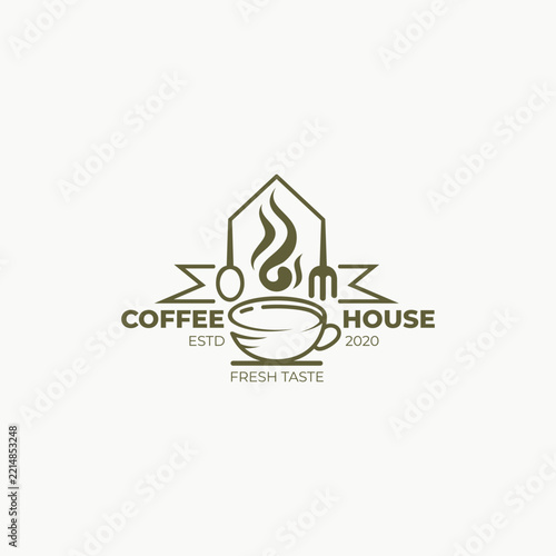 Retro style line art logo for a coffee shop, featuring a coffee cup and its aroma.