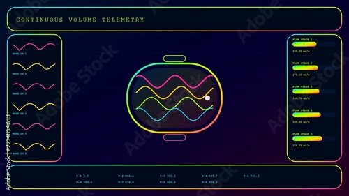 Volumetric diagnostics displayed on a neon digital dashboard showing pulsating sound waves and abstract frequency data flowing across three distinct animated graphical user interface screen panels