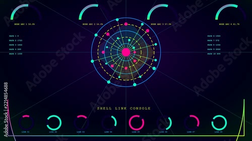 Volumetric diagnostics display glowing neon radial node patterns synchronized in triple view mode for complex analytical monitoring systems with abstract circular motion and glowing digital lights