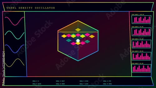 Three screens displaying volumetric diagnostics with shifting neon patterns and graphical charts monitor data in a sequence of fluid rhythmic pulses against a dark glowing interface