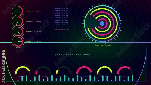 Volumetric diagnostics display showing animated circular data tracking interfaces with glowing neon rings and fluctuating level monitors set against a deep gradient dark software studio environment