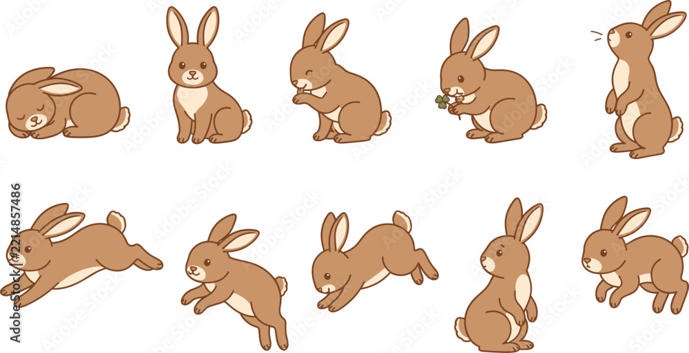 Fototapeta premium Collection Of Ten Cute Brown Cartoon Bunny Rabbits In Various Playful Poses Isolated On White Background