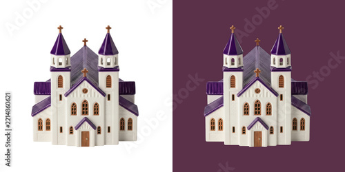 Small ceramic model of a traditional church building with purple roof transparent png