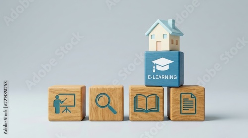 E-learning concept with wooden blocks showing education icons and a graduation cap on top