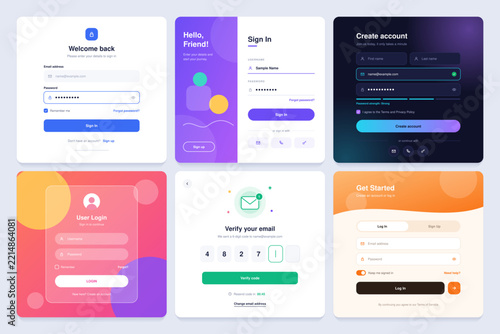 Login and sign up form UI screens set, six variants with sign in, registration, verification code and password fields