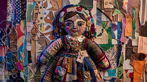 Colorful Handmade Traditional Doll with Artistic Details and Vibrant Attire for Cultural Display.