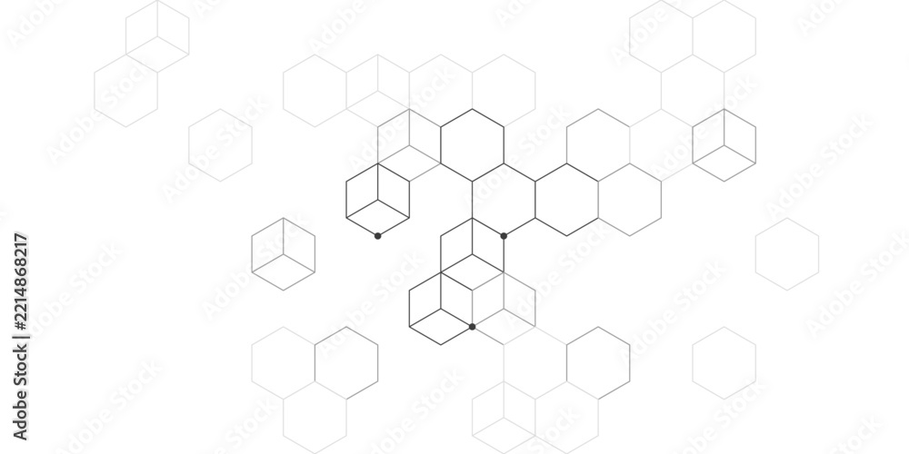 Fototapeta premium Artistic hexagon background in black and white tones with scattered hex tiles. Even geometric spacing across the artboard. Works for branding and packaging.