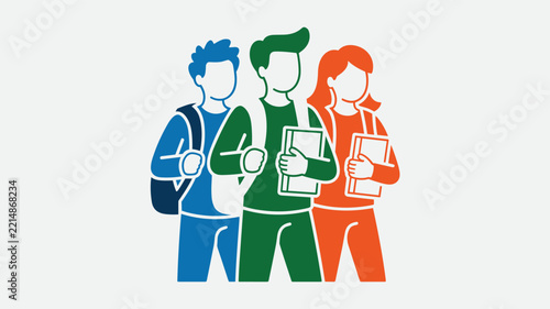 Group of three diverse young students carrying backpacks and holding school books together in a colorful vector illustration