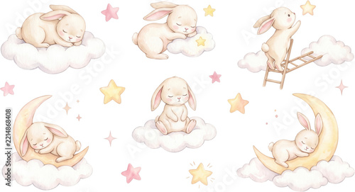 Watercolor illustrations of cute sleeping bunnies baby rabbits on clouds and crescent moons pastel stars and sweet dreams imagery for children bunny animal