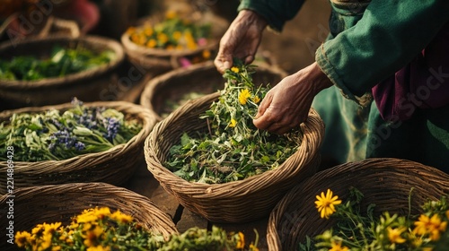 herbalist surrounded by baskets of freshly gathered medicinal plants; traditional natural medicine generative ai