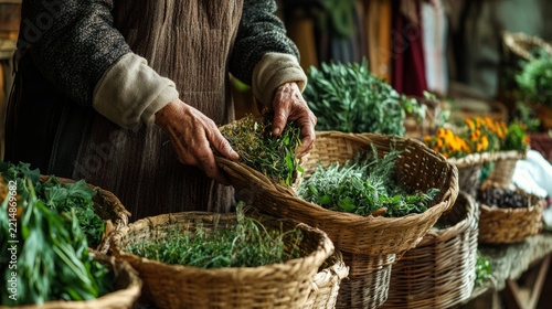 herbalist surrounded by baskets of freshly gathered medicinal plants; traditional natural medicine generative ai