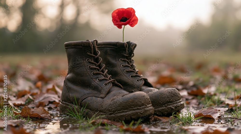 Fototapeta premium Remembrance with a red poppy and military boots on autumn leaves for a veteran memorial sacrifice