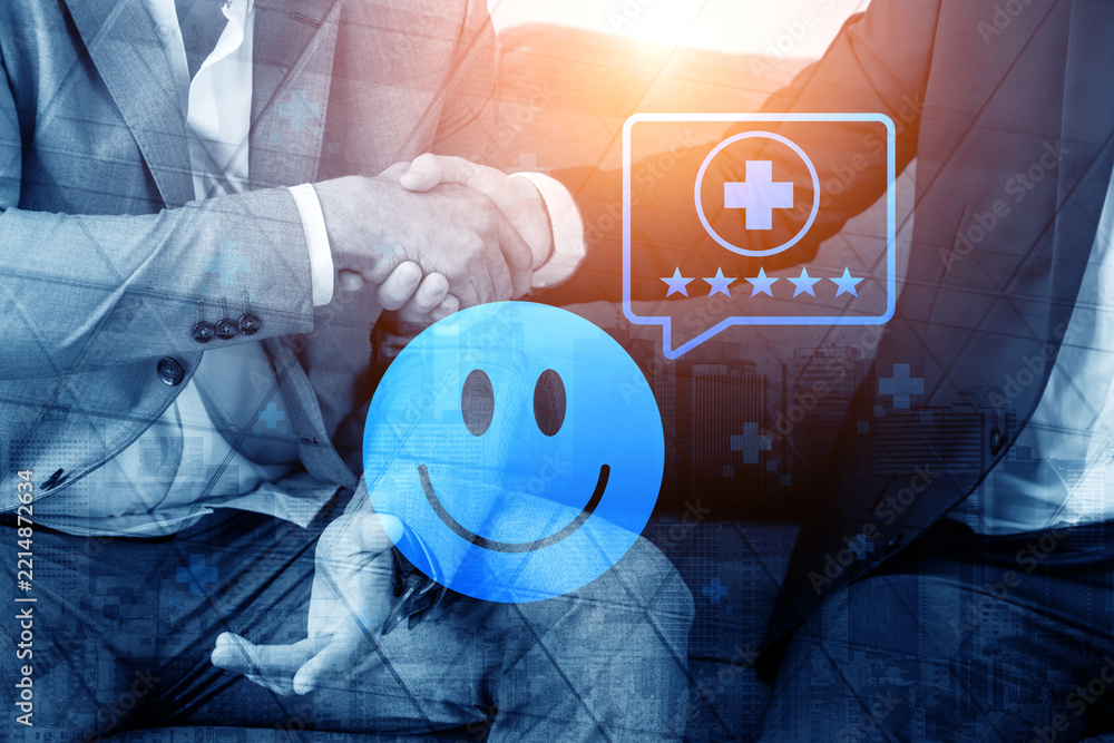 Fototapeta premium A visual representation of business partnership featuring a handshake and a smiling face symbol, emphasizing customer satisfaction and positive interactions in professional settings. Cyphers