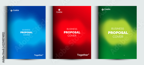 Set of three professional business proposal cover page templates with halftone abstract backgrounds