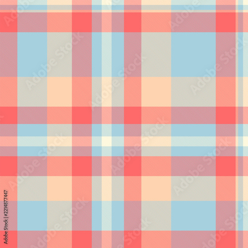 A seamless, vibrant plaid pattern featuring soft pastel red, light blue, and creamy yellow hues. This elegant, no people textile design evokes a sense of comfort, warmth, and classic style.