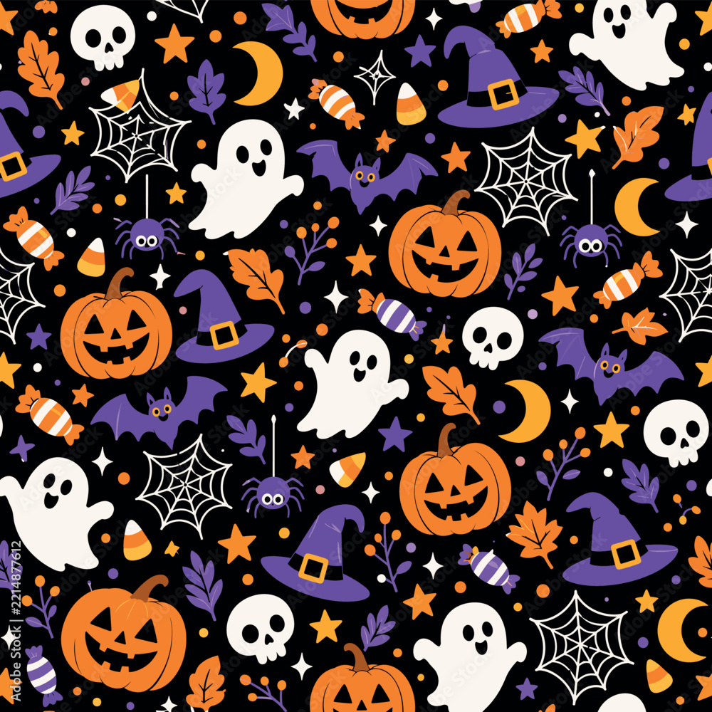 Fototapeta premium Cute Halloween Seamless Pattern with Jack O Lanterns, Ghosts, Bats, Witch Hats and Spooky Vector Elements