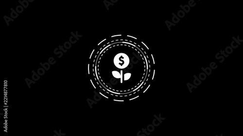 Growing money tree symbol in futuristic HUD circle on black background motion graphic.