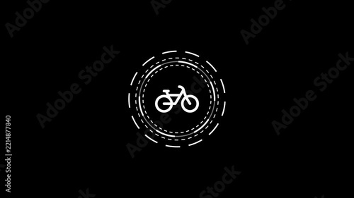 Bicycle icon animation with white spinning circles on black background for motion graphic.