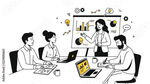 Professional Business Presentation with Team Brainstorming and Data Analysis in Line Art Style