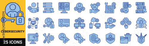 Cybersecurity icon set in filled line color style, including access, password, log in, log out, authentication, padlock, fingerprint, identification, privacy, protection, security, user, verification