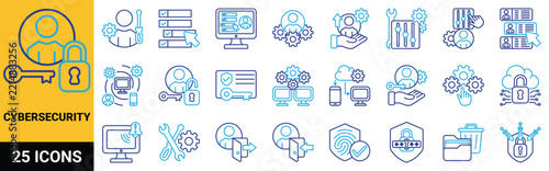 Cybersecurity icon set in line color style, including access, password, log in, log out, authentication, padlock, fingerprint, identification, privacy, protection, security, user, verification, verify