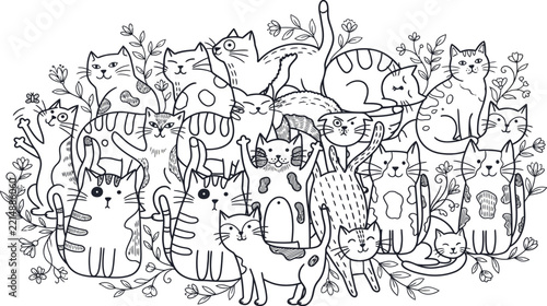 Cute cat coloring page vector pattern with funny kittens, playful pets line art doodle illustration for kids activity book, black and white outline feline graphic design background