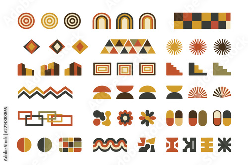 46 Retro Geometric Icons and Abstract Shapes Set in Warm Vintage Palette for Graphic Design Branding Visual Identity Illustration Decorative Projects and Contemporary Creative Work