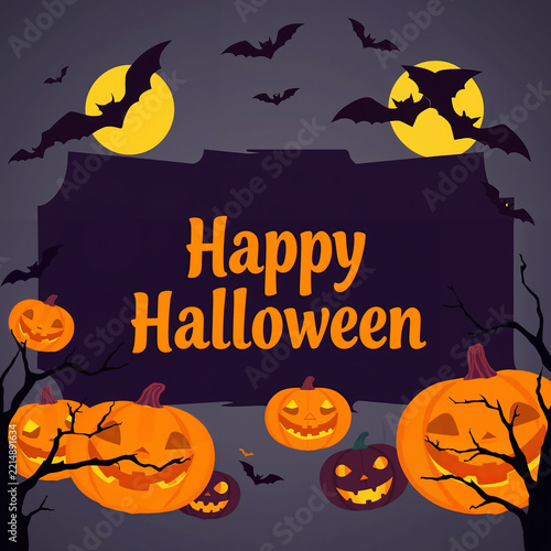 Halloween pumpkins and bats, spooky atmosphere, in a night background