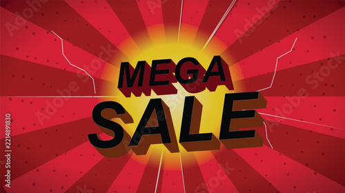Dynamic mega sale vector graphic illustration featuring bold typography and vibrant red starburst background