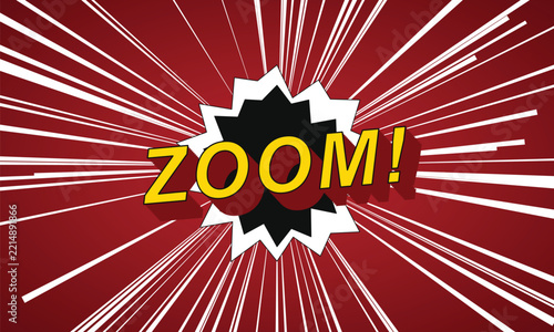Vibrant zoom comic book style vector illustration with explosive action lines and bold typography