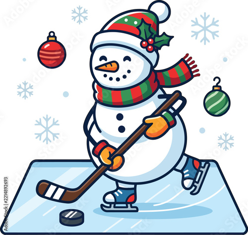 Festive snowman playing ice hockey on rink with holiday ornaments