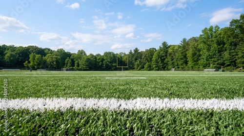 Empty american football field with a yellow goal post in the background surrounded by lush green trees under a blue sky with fluffy white clouds