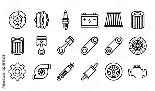Modern Automotive Components and Car Hardware Outline Vector Icons