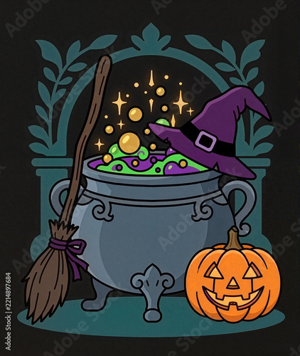 Halloween cauldron with bubbling potion, witch hat, broom, and carved pumpkin