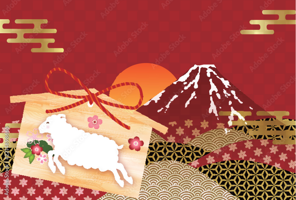 Fototapeta premium 富士山と日の出を背景にした日本の伝統的な絵馬のデザイン