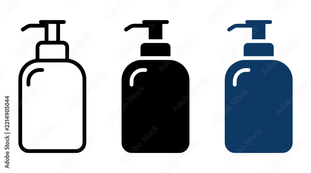 Fototapeta premium Dispenser pump bottle icon set in outline, solid and flat color styles