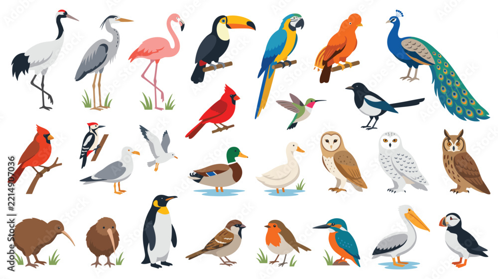 Fototapeta premium Set of diverse colorful cartoon birds collection standing on white background for design.