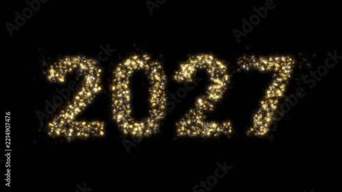New Year 2027 of Bright golden flying sparks. Holiday text from glowing twinkle fairy glitter particles.