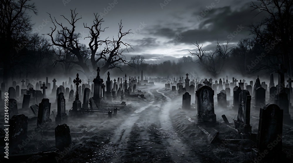 Fototapeta premium Spooky Graveyard at Night with Misty Fog and Ancient Tombstones Under a Dark Gloomy Sky