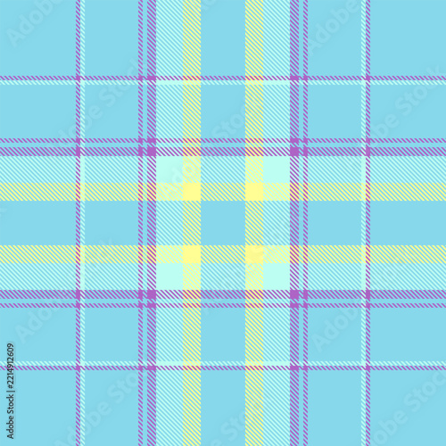 A vibrant, seamless tartan plaid pattern featuring cheerful pastel blue, yellow, and violet lines. This digital textile design evokes a playful, springlike feel. No people. Ideal for fabric.