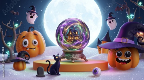 Spooky Halloween background with magical crystal ball, cute cartoon pumpkins wearing witch hats, floating ghost and black cat night scene